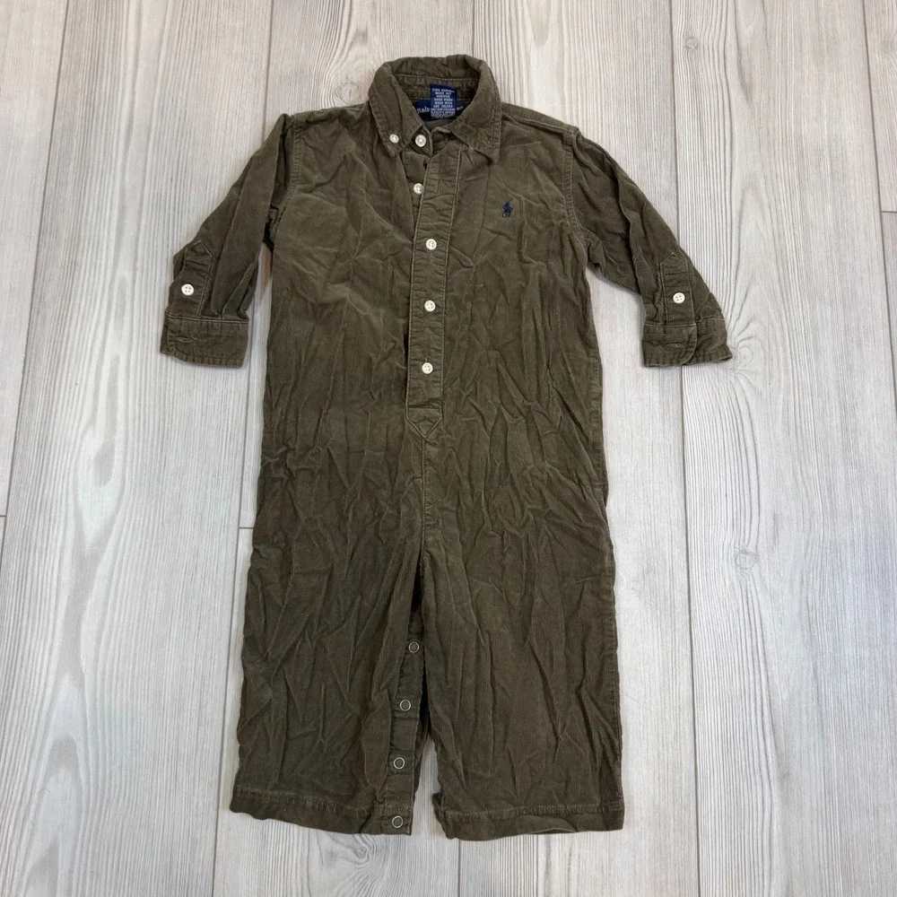 Vintage Ralph Lauren Baby Boys Olive Brown Corduroy Coverall Jumpsuit 18M